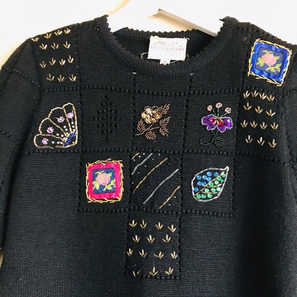 Susan Bristol Vintage Hand Embroidered Bead Wool Top Womens Size Small Black - Picture 3 of 9